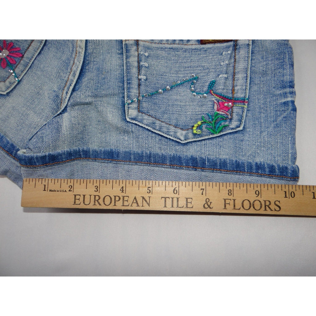 Y2K Vintage ZANADI Denim Shorts Distressed Floral Embroidered Cuffed Blue Sz 9