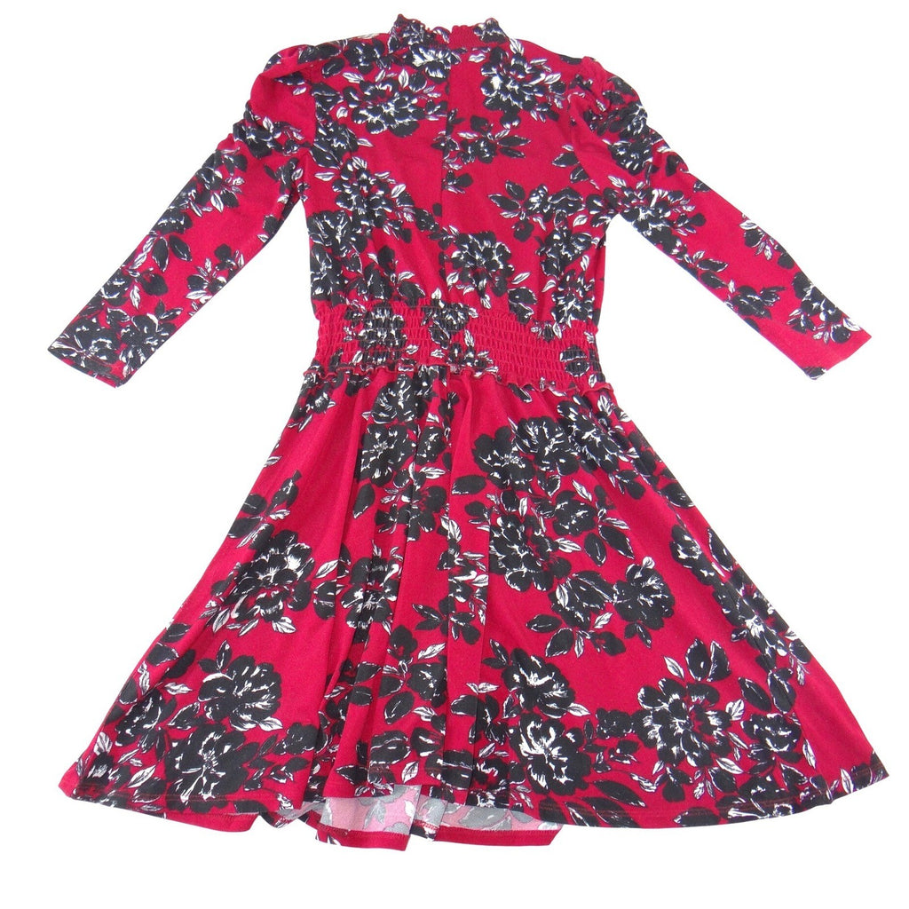 Adrienne Vittadini Red Black Floral Smocked Waist Midi Dress Long Sleeve Small
