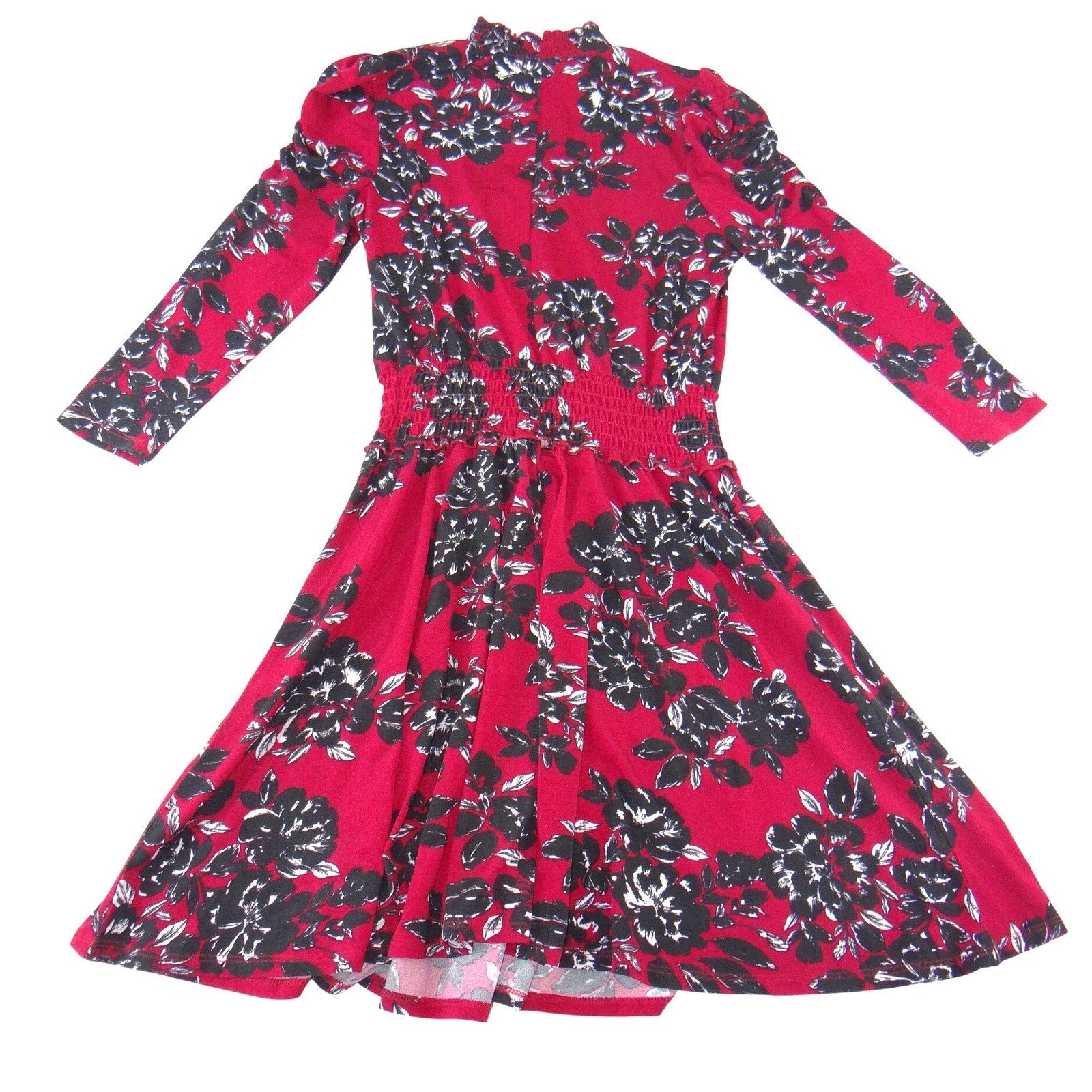 Adrienne Vittadini Red Black Floral Smocked Waist Midi Dress Long Sleeve Small