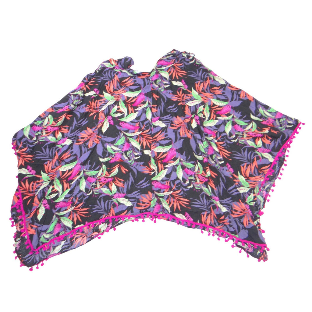 Goa Beachwear by Japna Women L Tropical Floral Kaftan Cover Up Pom Pom Trim
