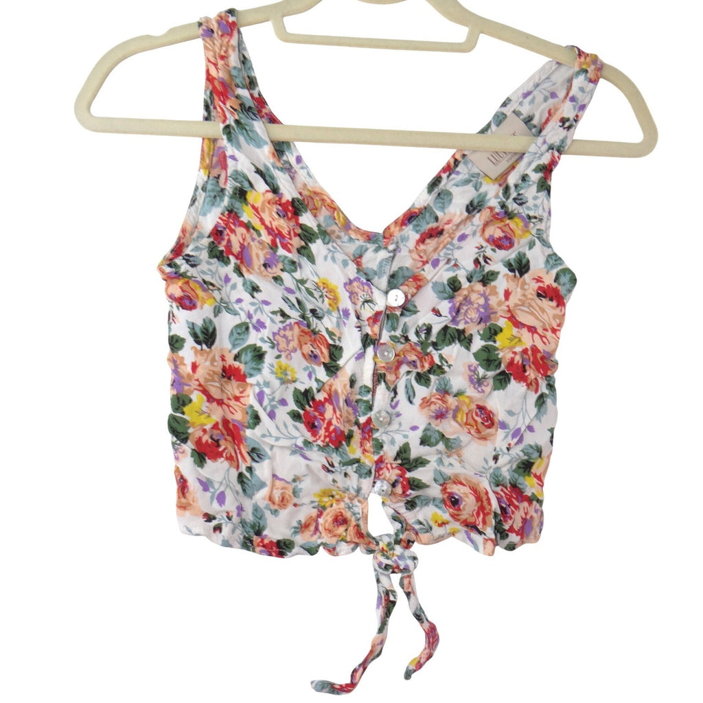 Lucy Love Womens XS Floral Button Front Tie Hem Crop Top V-Neck Sleeveless Rose
