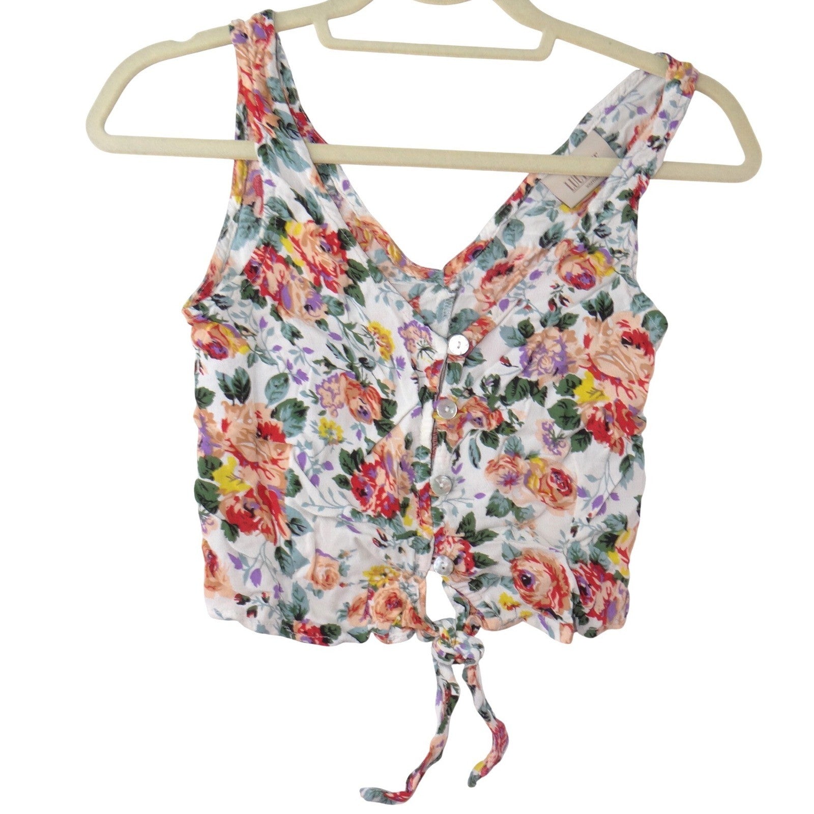 Lucy Love Womens XS Floral Button Front Tie Hem Crop Top V-Neck Sleeveless Rose
