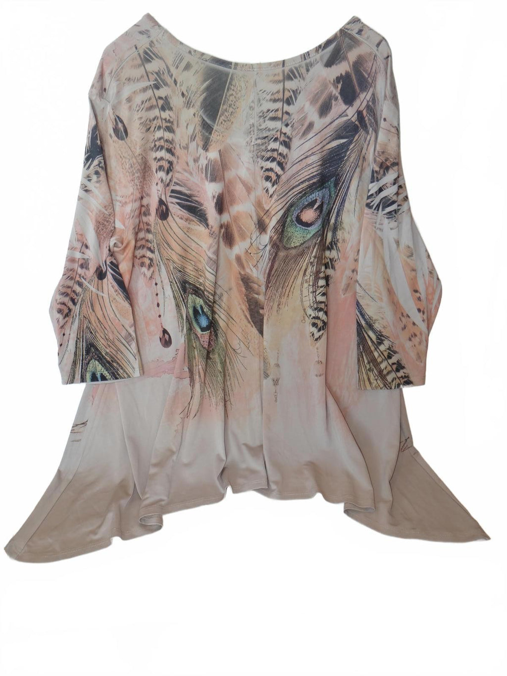 AGATE Women's Beige and Brown Feather Print Tunic Top, Size 3X