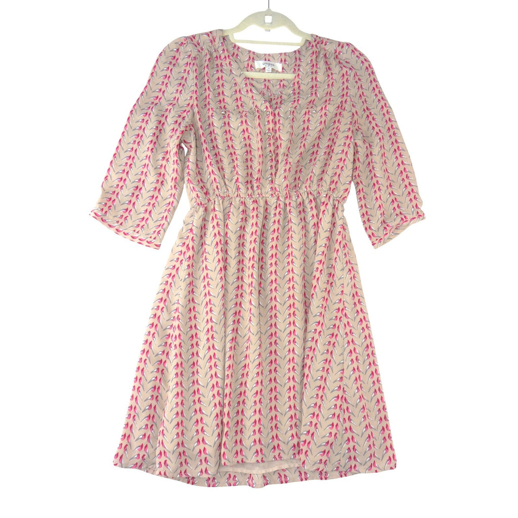 Umgee USA Womens Tan Pink Bird Print V-Neck Button Front Elastic Waist Dress M