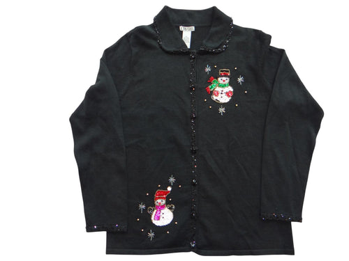 Black Women's Cardigan Sweater with Beaded Snowman Embellishments