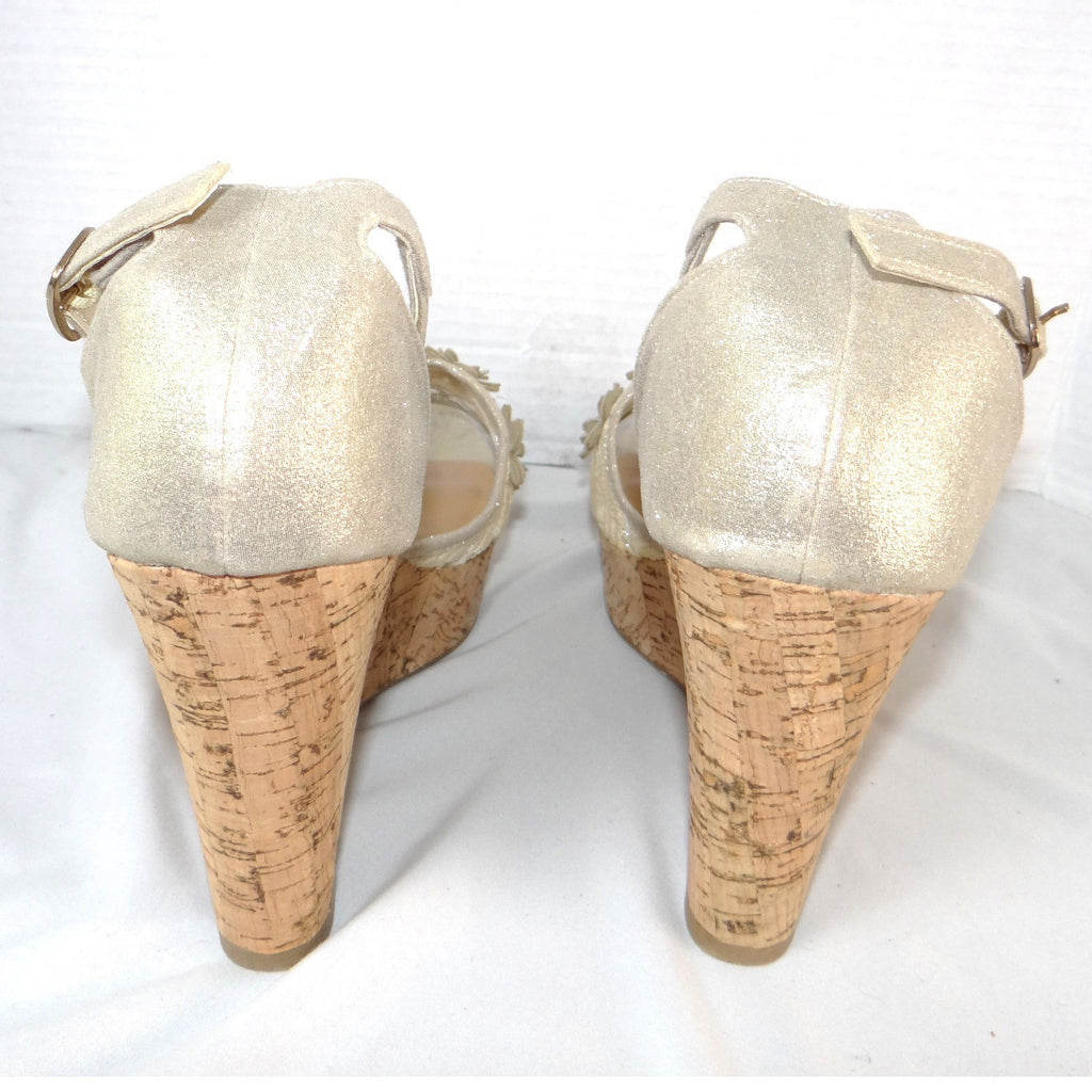 Bamboo Womens Champagne Gold Floral Lace Cork Wedge Platform Sandals Size 10