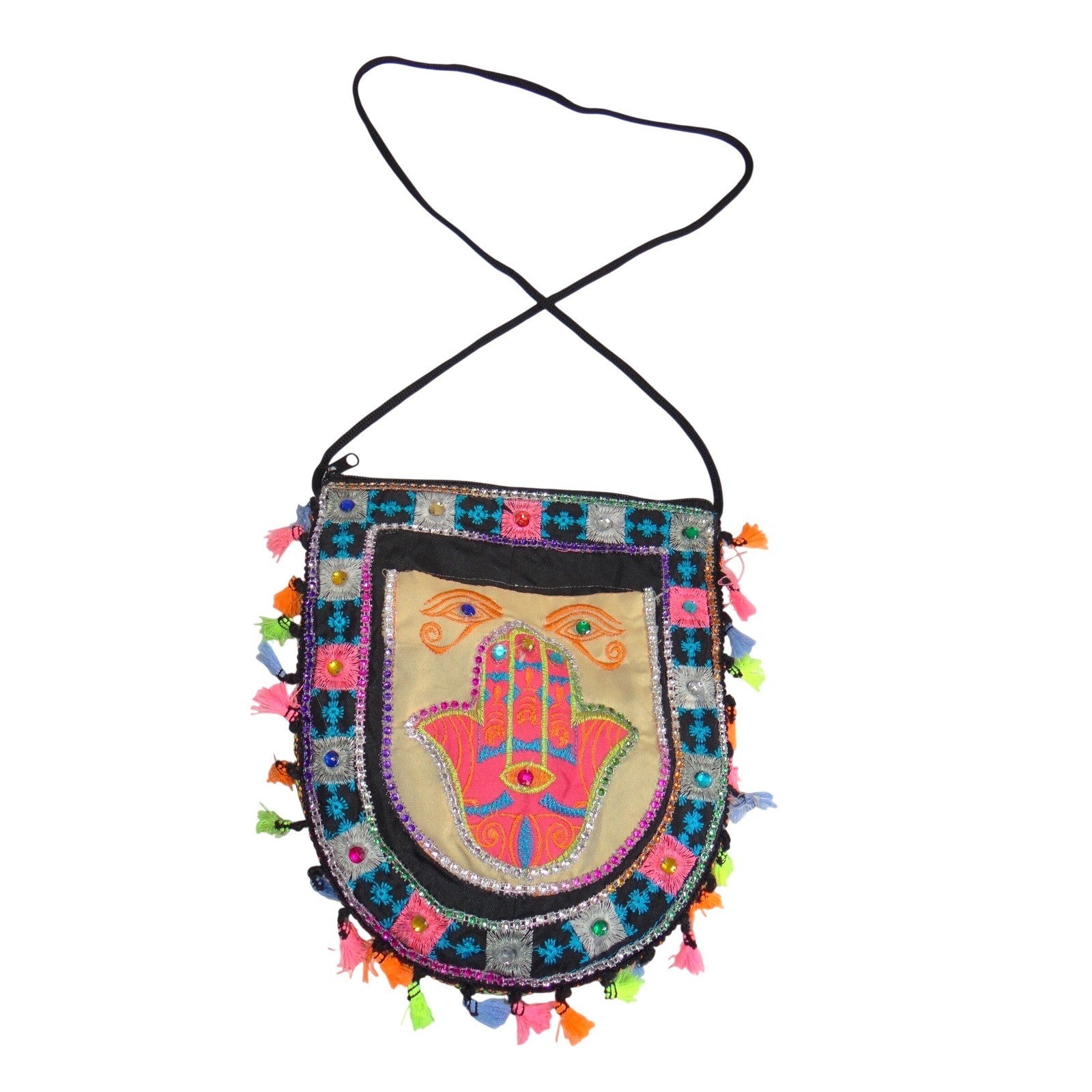 Hamsa Hand Embroidered Crossbody Bag Multicolor Tassel Boho Festival Pouch