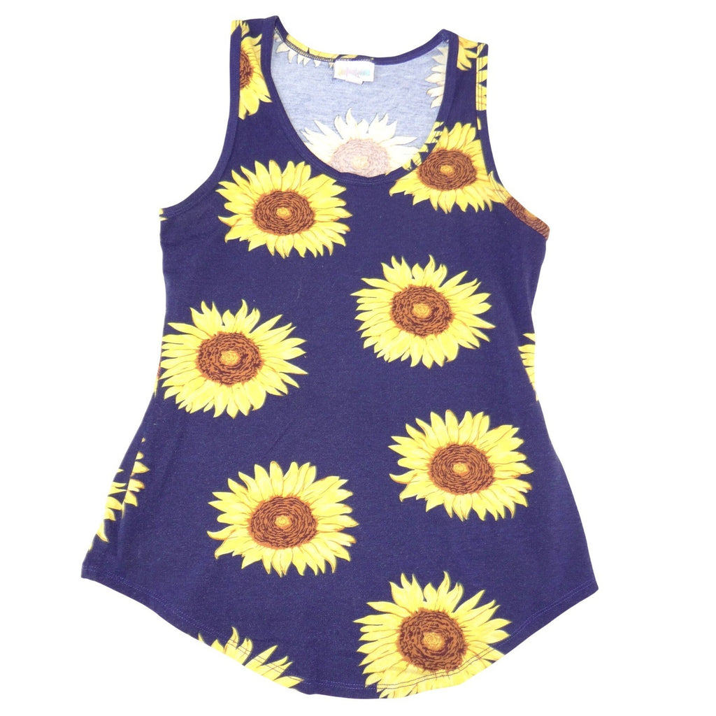 LuLaRoe Womens Navy Blue Yellow Sunflower Print Scoop Neck Tank Top XXS