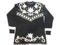 Black Women's Long Sleeve Sweater with White and Gold Floral Pattern