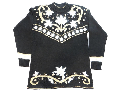 Black Women's Long Sleeve Sweater with White and Gold Floral Pattern