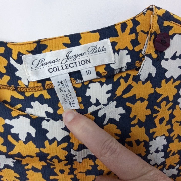 Laura and Jayne Womens Top Size 10 Mustard Navy White Floral Short Sleeve