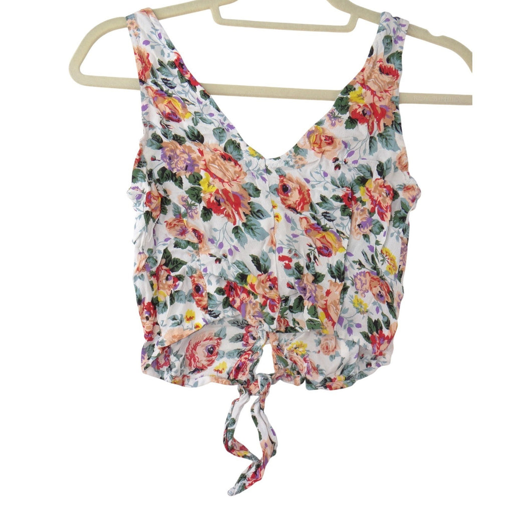 Lucy Love Womens XS Floral Button Front Tie Hem Crop Top V-Neck Sleeveless Rose