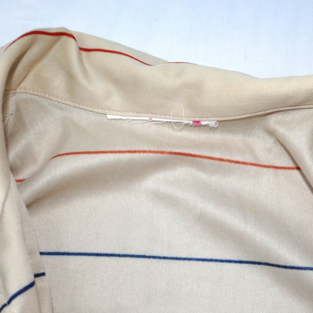 Vintage 70s Striped Long Sleeve Polo Shirt V-Neck Cream Red Navy Mens Medium