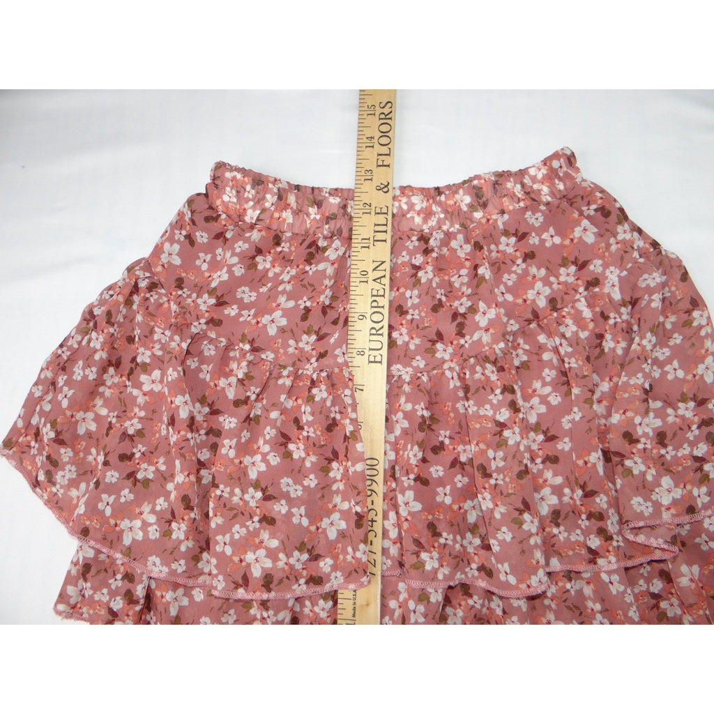 Beautees Floral Tiered Ruffle Mini Skirt Pink White Girls Size S 7 8