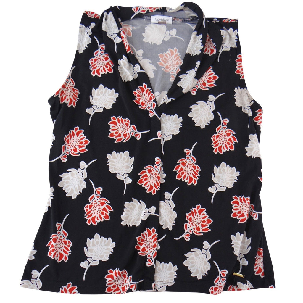 Calvin Klein Womens Black Red Floral Sleeveless V-Neck Blouse Size Large