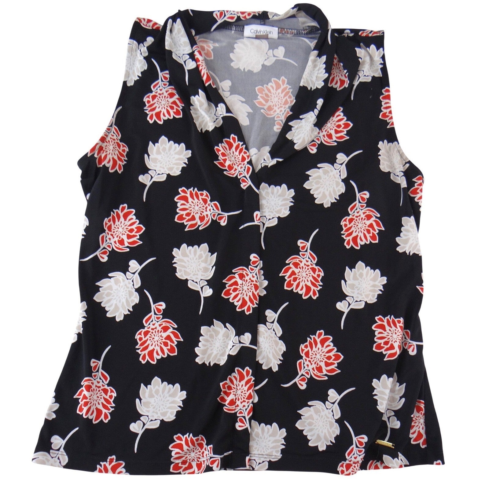 Calvin Klein Womens Black Red Floral Sleeveless V-Neck Blouse Size Large