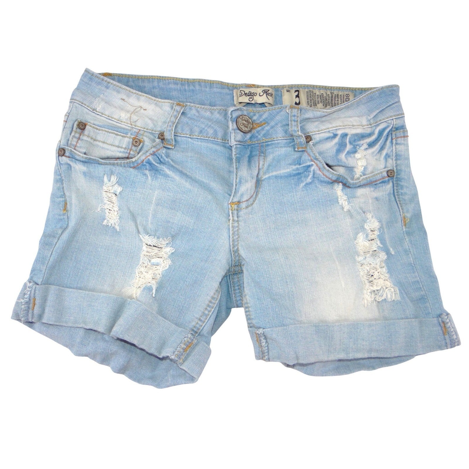 Indigo Rein Light Wash Distressed Cuffed Denim Shorts Blue Size 3 Low Rise