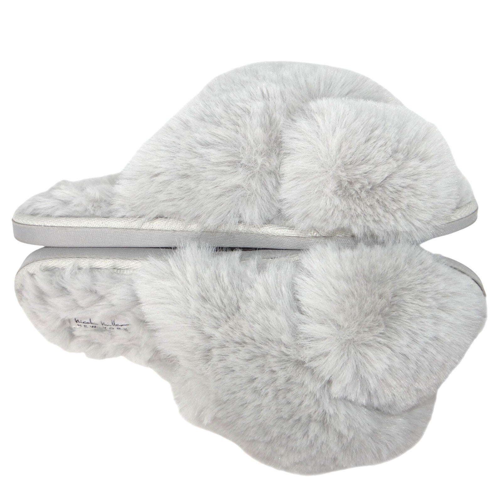 Nicole Miller New York Womens Faux Fur Criss Cross Slippers Grey Size M 6.5-7.5