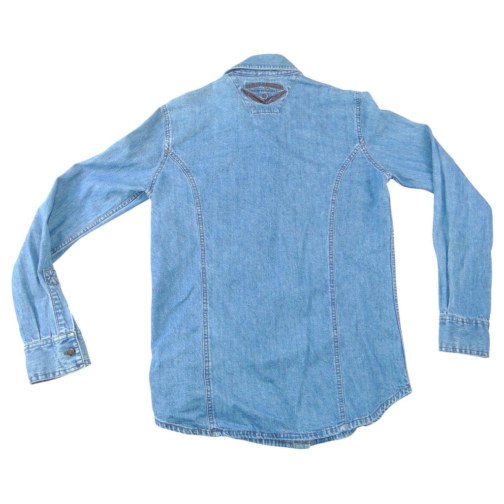 Harley Davidson Mens Blue Denim Long Sleeve Button Up Shirt Embroidered Logo