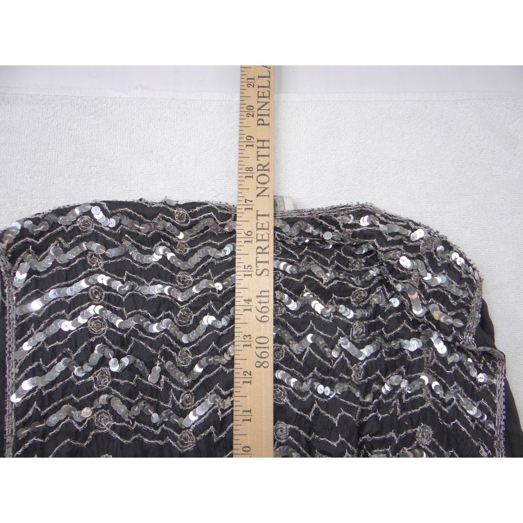 Vintage B'way Rose Vintage 100% Silk Beaded Sequin Vest Black Silver Chevron-ish