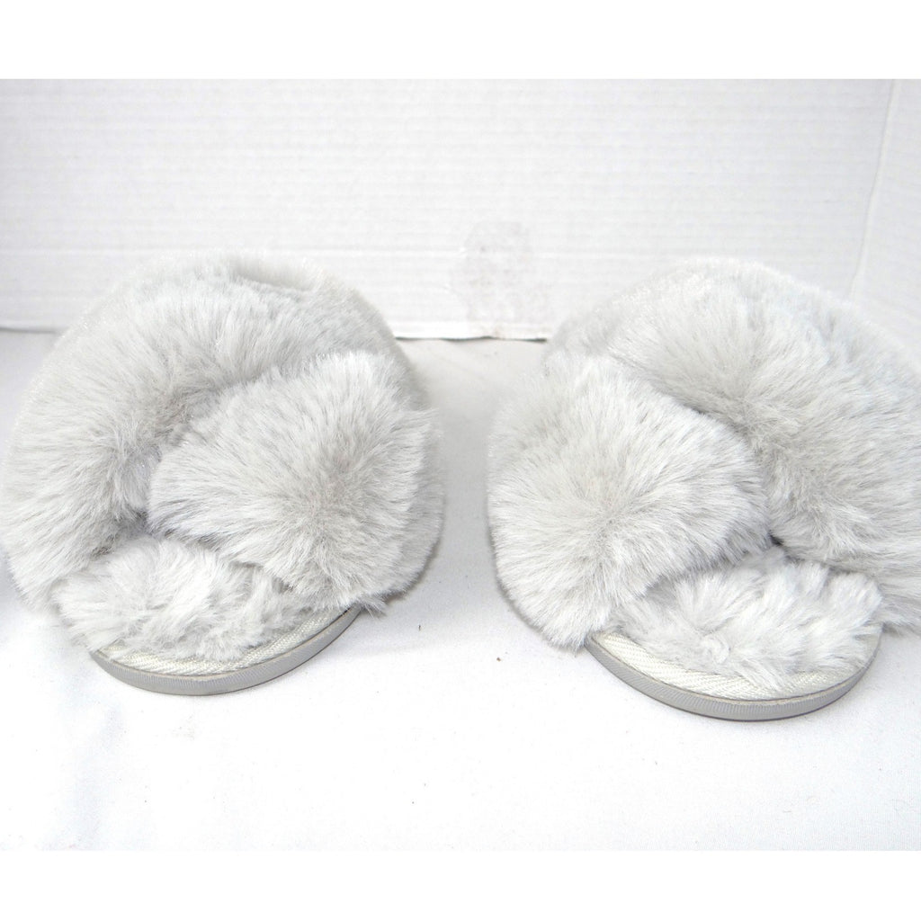 Nicole Miller New York Womens Faux Fur Criss Cross Slippers Grey Size M 6.5-7.5