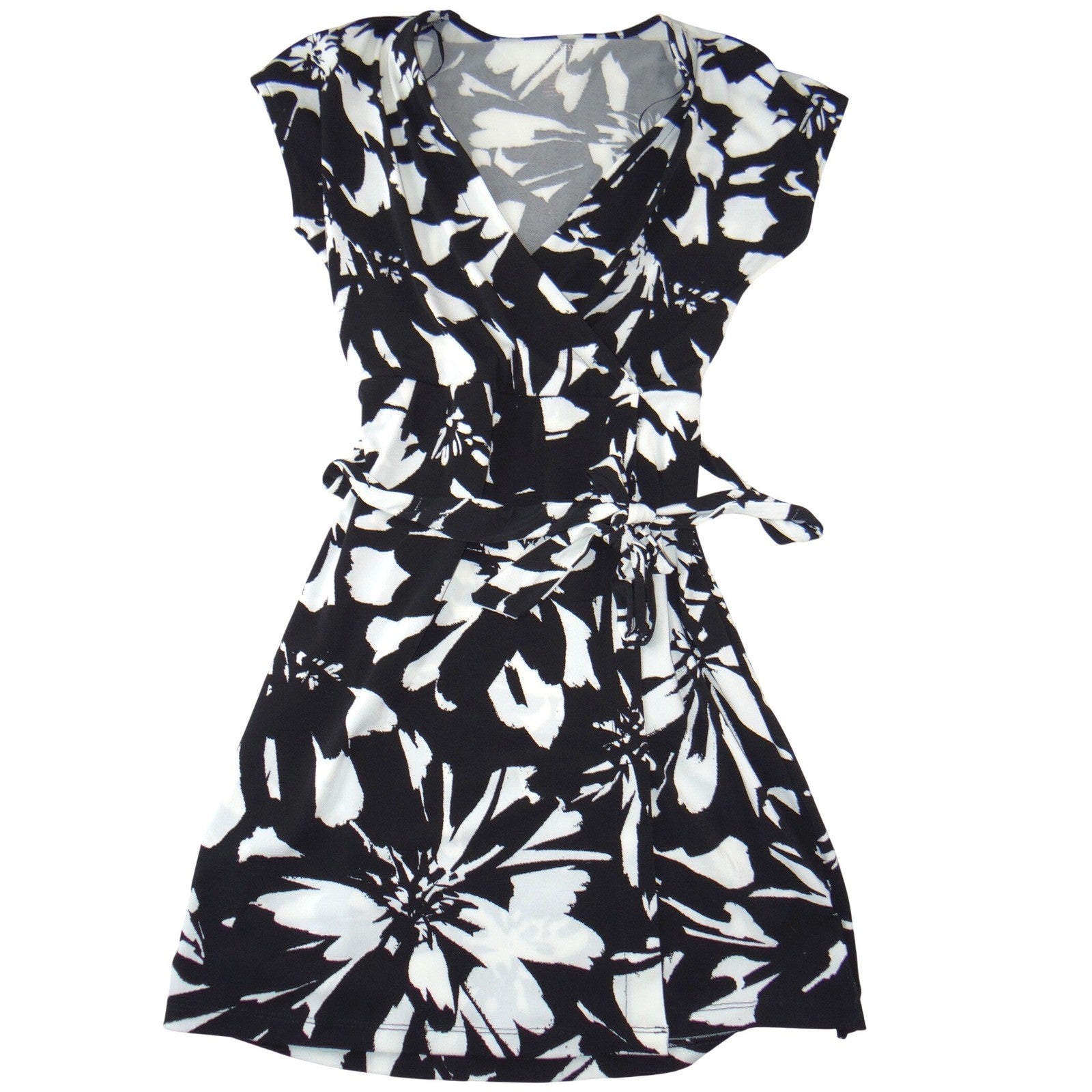 Nine West Womens Black White Floral Faux Wrap Dress V-Neck Short Sleeve Small
