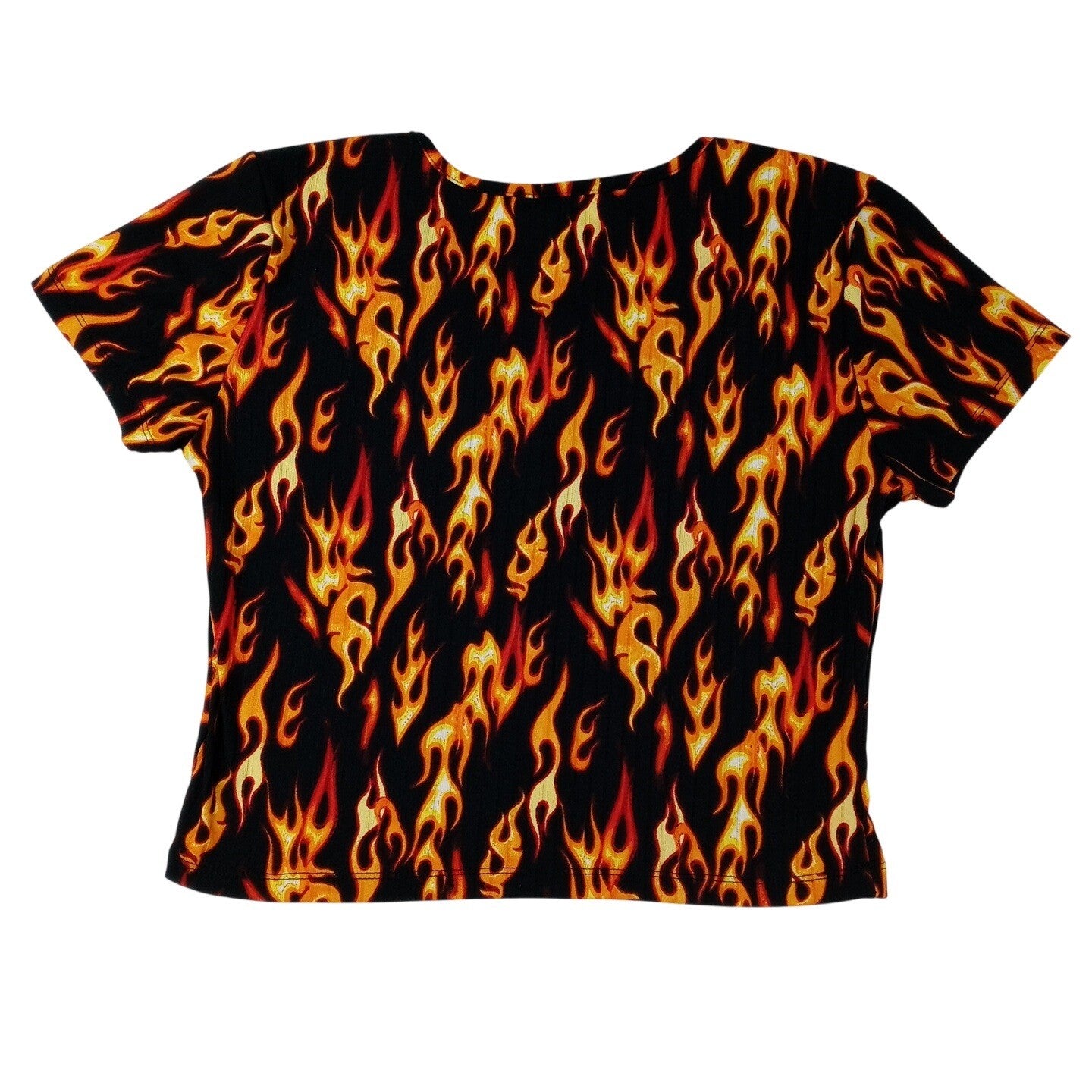 J FOR JUSTIFY Flame Print Crisscross VNeck CropTop Women Size M Black Orange Red