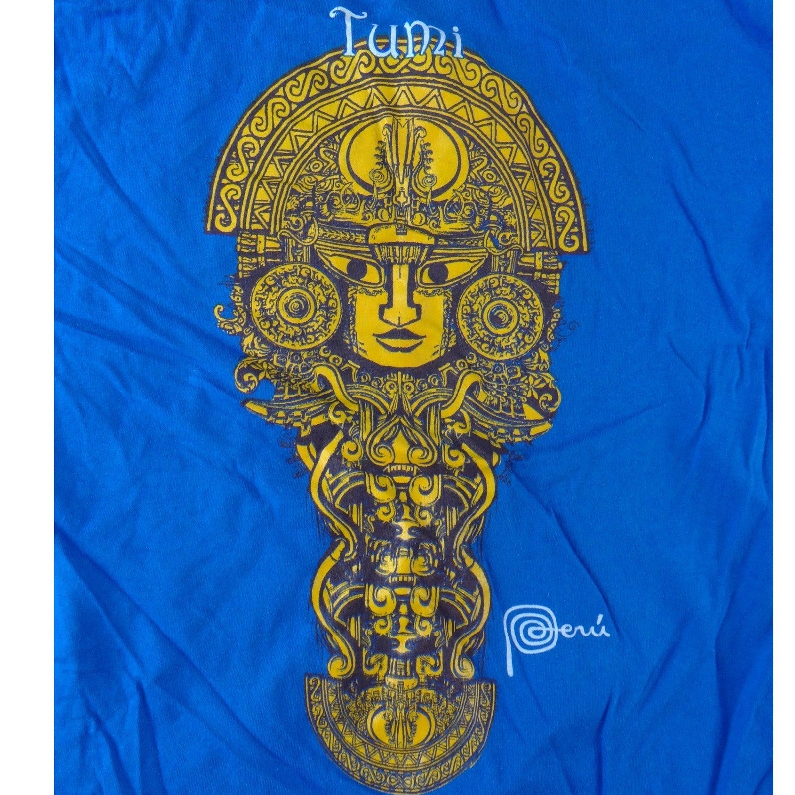 The Ayllu Peru Tumi Graphic T-Shirt Mens Medium Blue Peruvian Short Sleeve