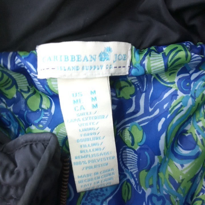 VTG Caribbean Joe Quilted Vest Black Blue Floral Lining Stand Collar Pockets M