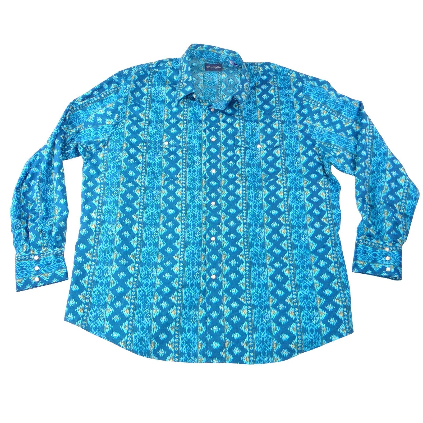 Wrangler Mens Blue Southwestern Geometric Pearl Snap Western Shirt XXL