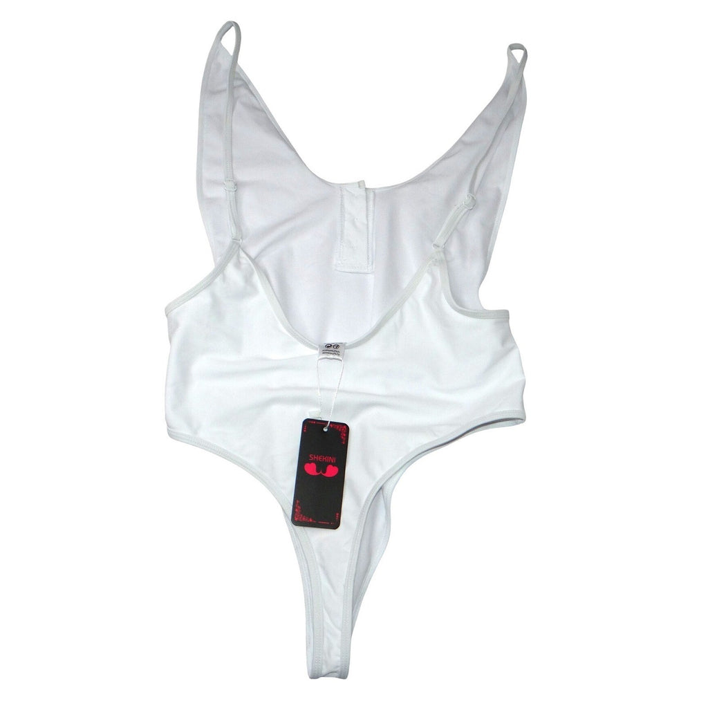 NWT-Shekini Womens White Button Front High Cut Thong One Piece Swimsuit XL