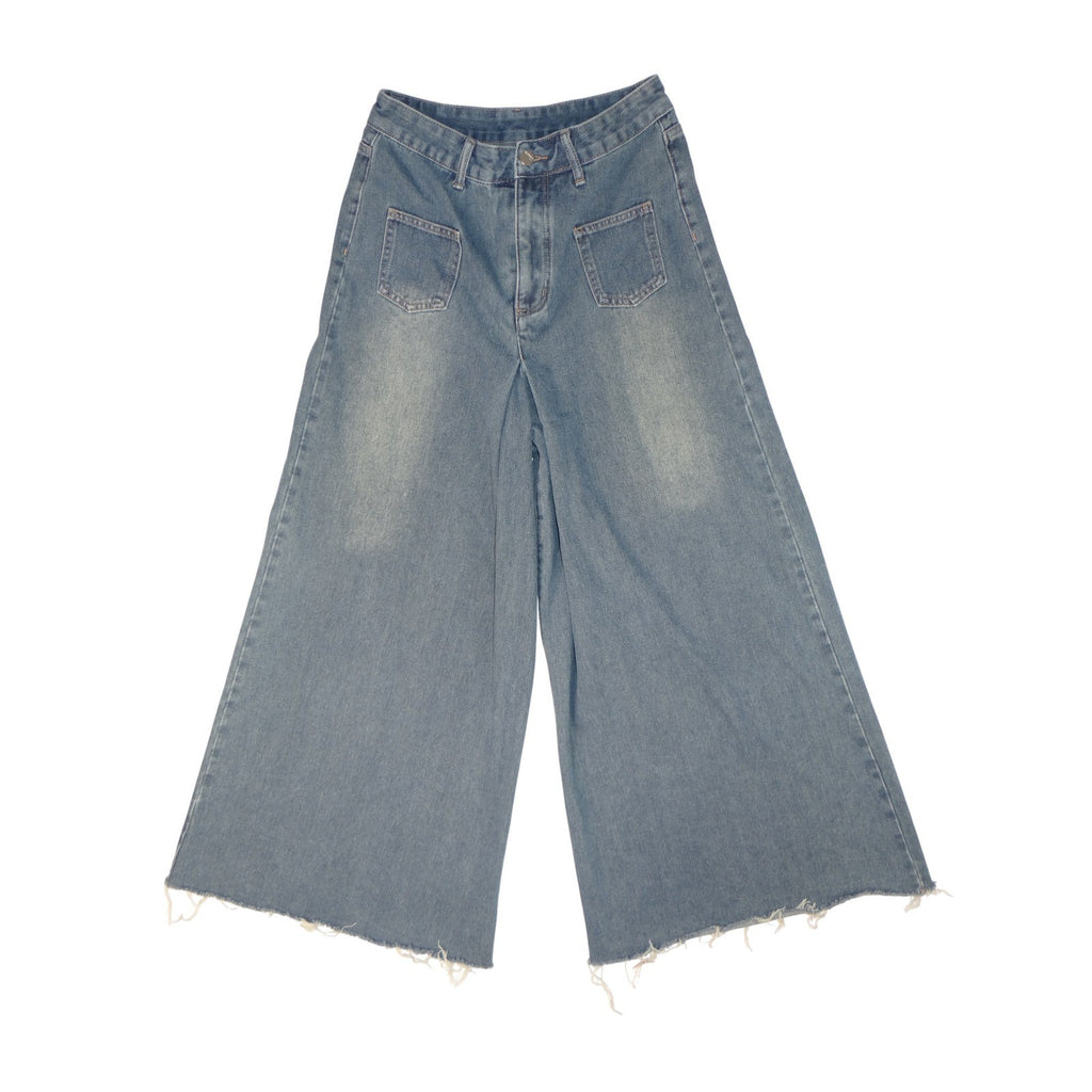 Y2K inspired Extreme Wide Leg Denim Jeans Cropped Raw Hem On Trend