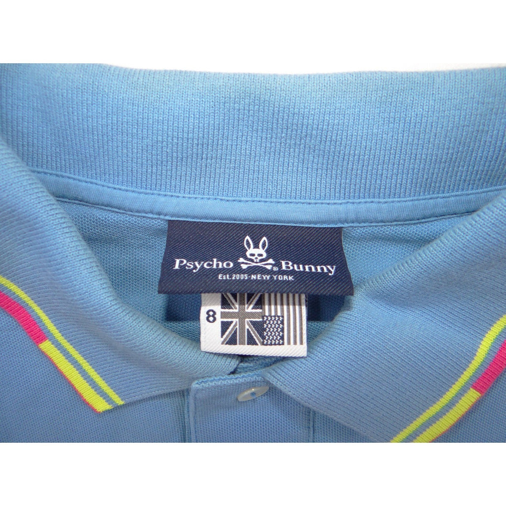 Psycho Bunny Mens Blue Polo Shirt Embroidered Bunny Skull Logo Trim Size 8