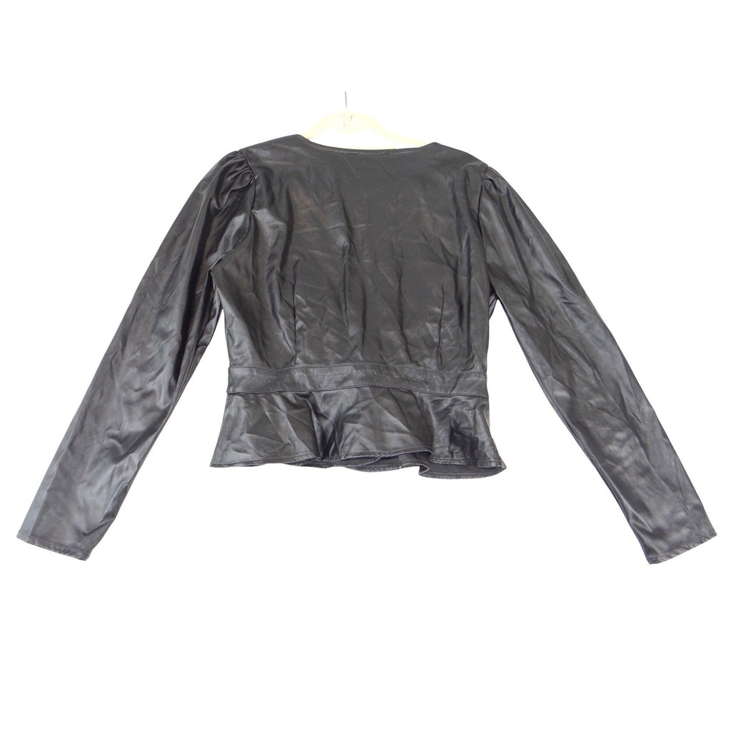 Lovely Day Black Faux Leather Wrap Peplum Top Puff Sleeve V-Neck Size L
