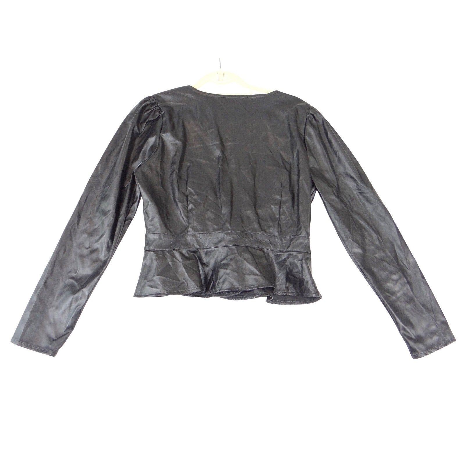 Lovely Day Black Faux Leather Wrap Peplum Top Puff Sleeve V-Neck Size L