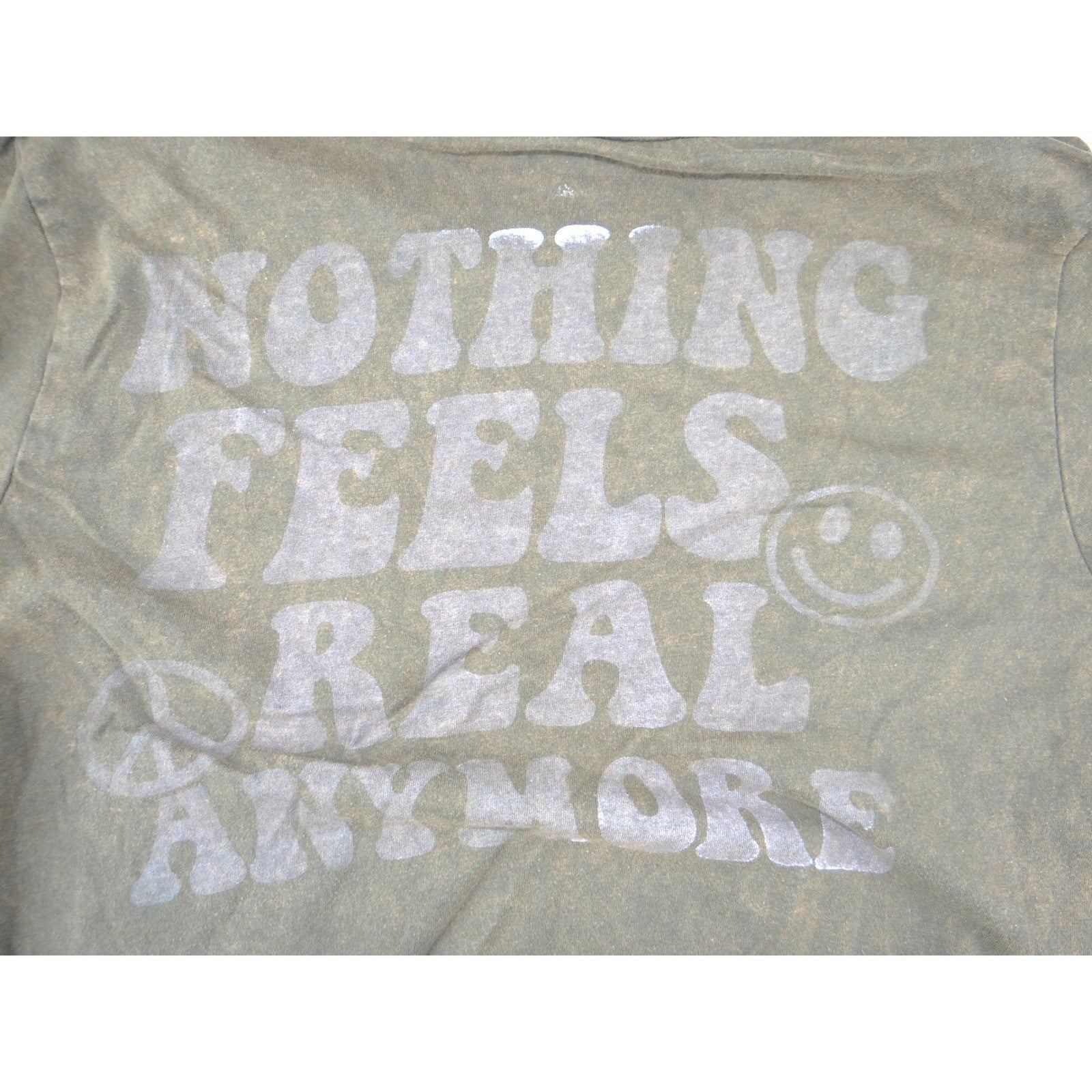 On Fire Nothing Feels Real Anymore Graphic Tee XL Olive Green Mineral Wash