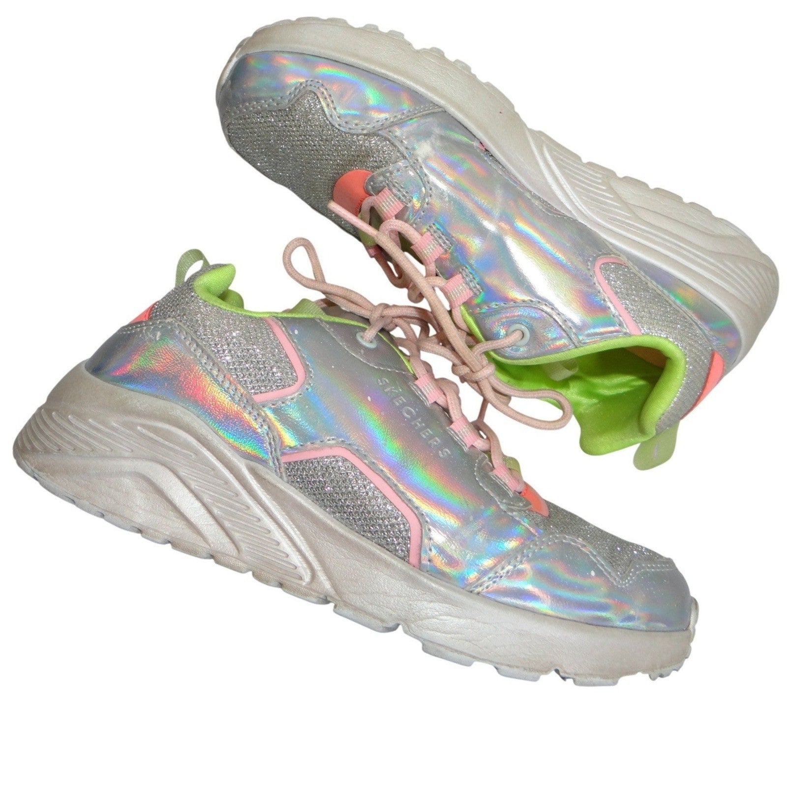 Skechers Girls Silver Holographic Glitter Rainbow Lace Up Sneakers Shoes Sz 5 US