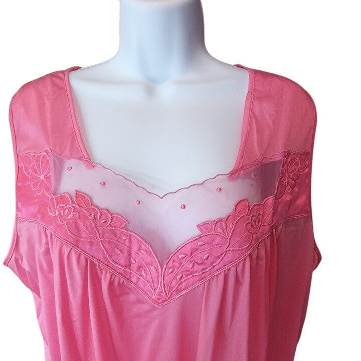 Vintage Princess Lingerie Pink Satin Nightgown Pearl Buttons Sheer Trim Size L