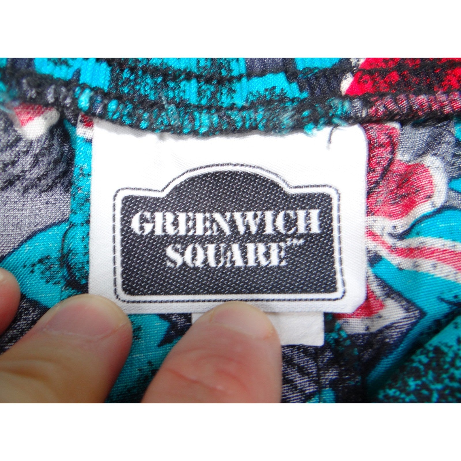 Vintage Greenwich Square Teal Red Leaf Print Midi Skirt Size 13-14 Elastic Waist