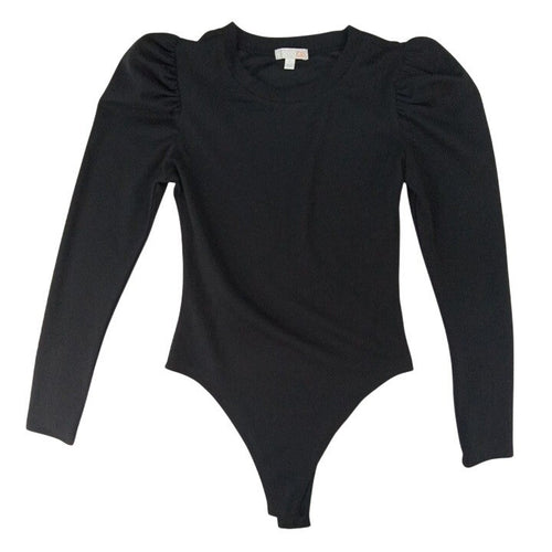 Black Puff Sleeve Ribbed Bodysuit Long Sleeve Thong Snap Closure Women