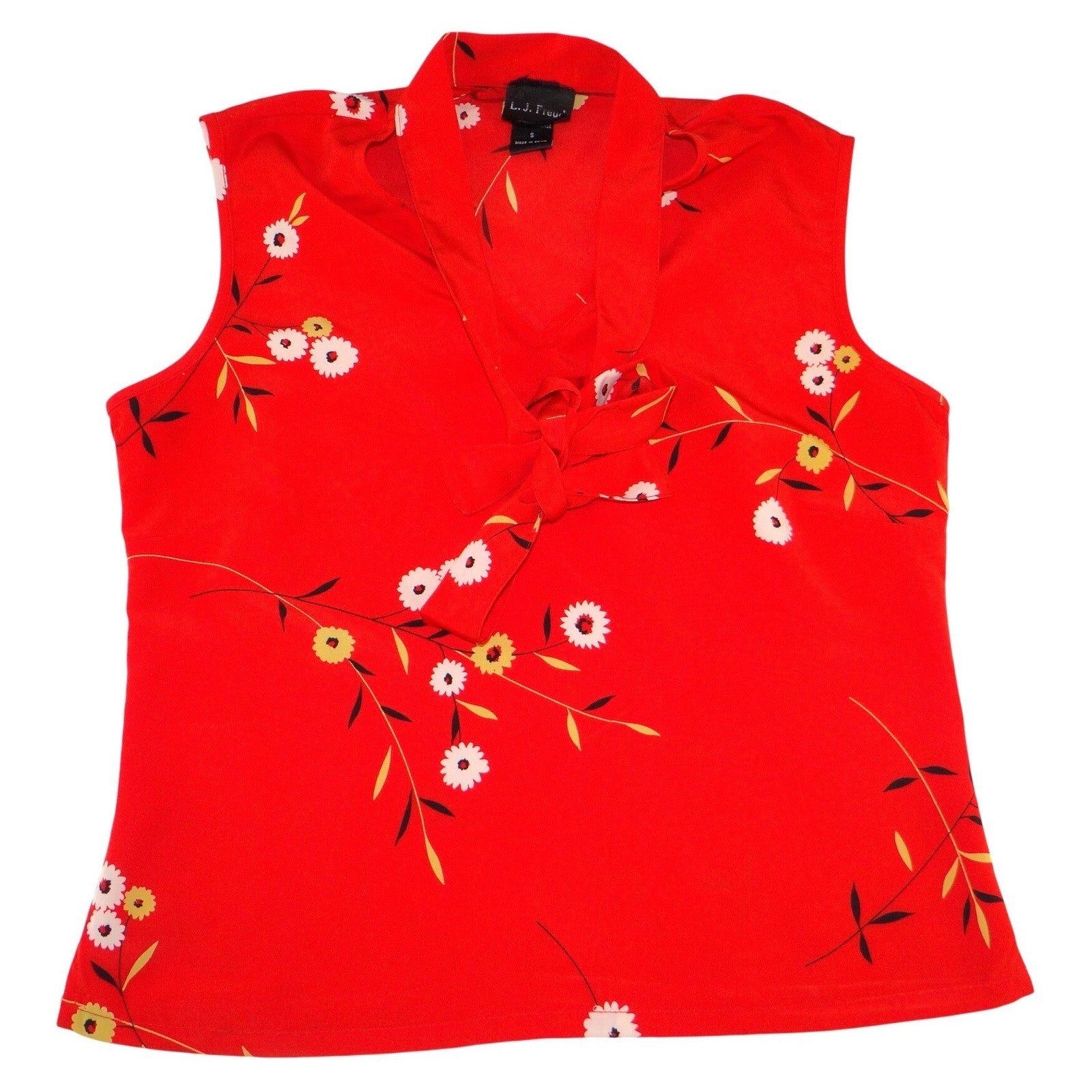 L.J. Freud Red Floral Daisy Tie Neck Sleeveless Blouse Top Small