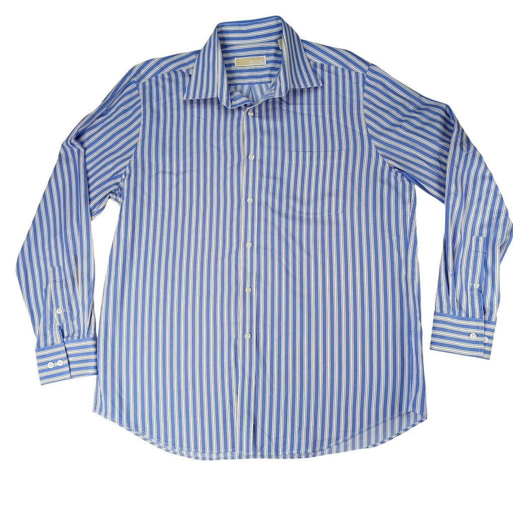 Michael Michael Kors Mens Blue Stripe Button Down Dress Shirt Size 17 34/35