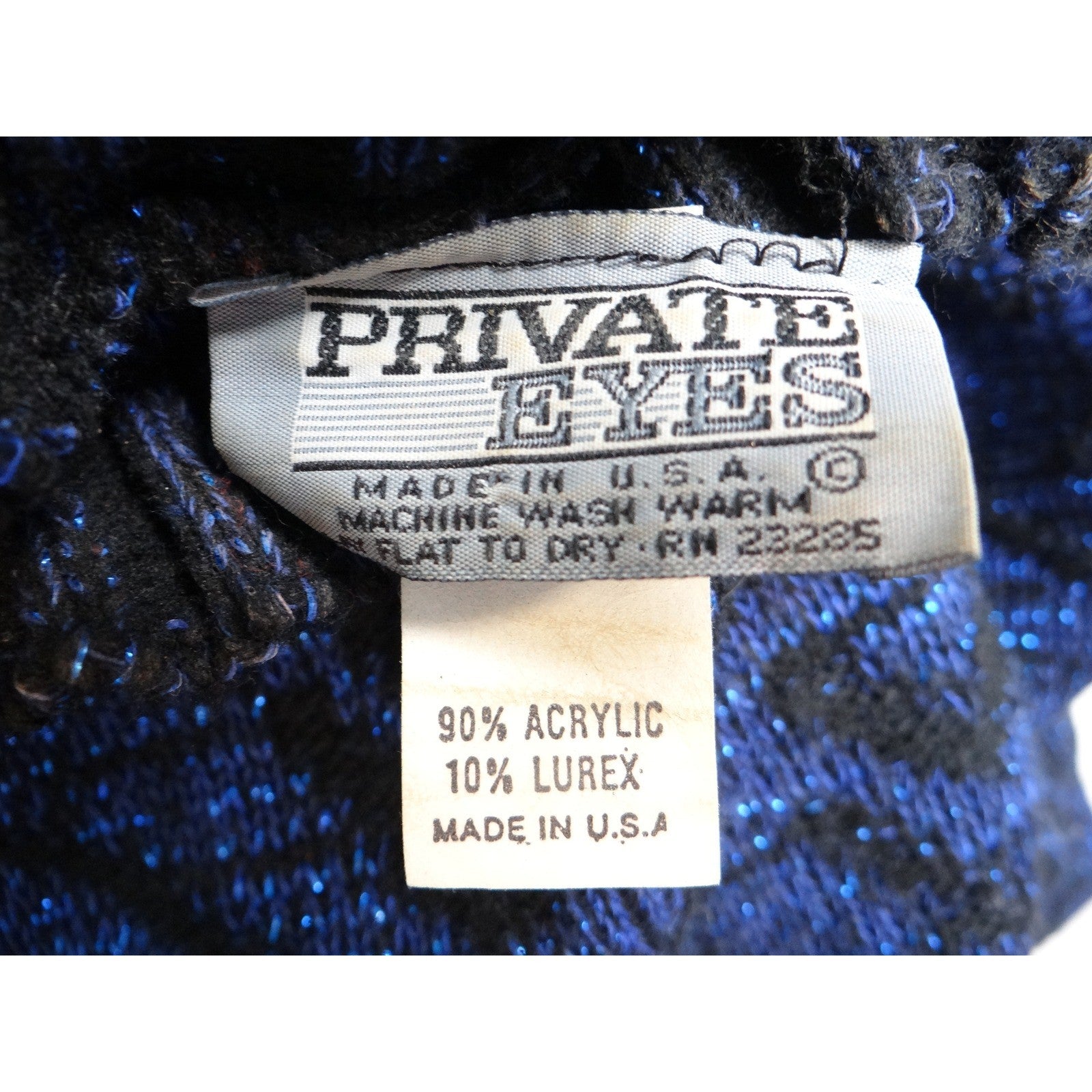 Vintage PRIVATE EYES Sparkle Blue Black Geometric Mock Neck Knit Sweater Women's