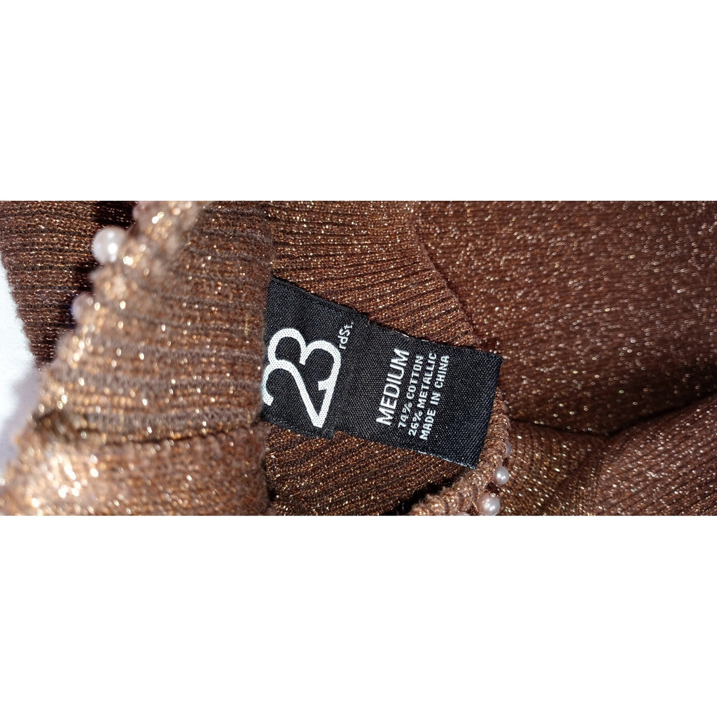 23rd Street Brown Metallic Beaded Mock Neck Long Sleeve Sweater Top Women's Med