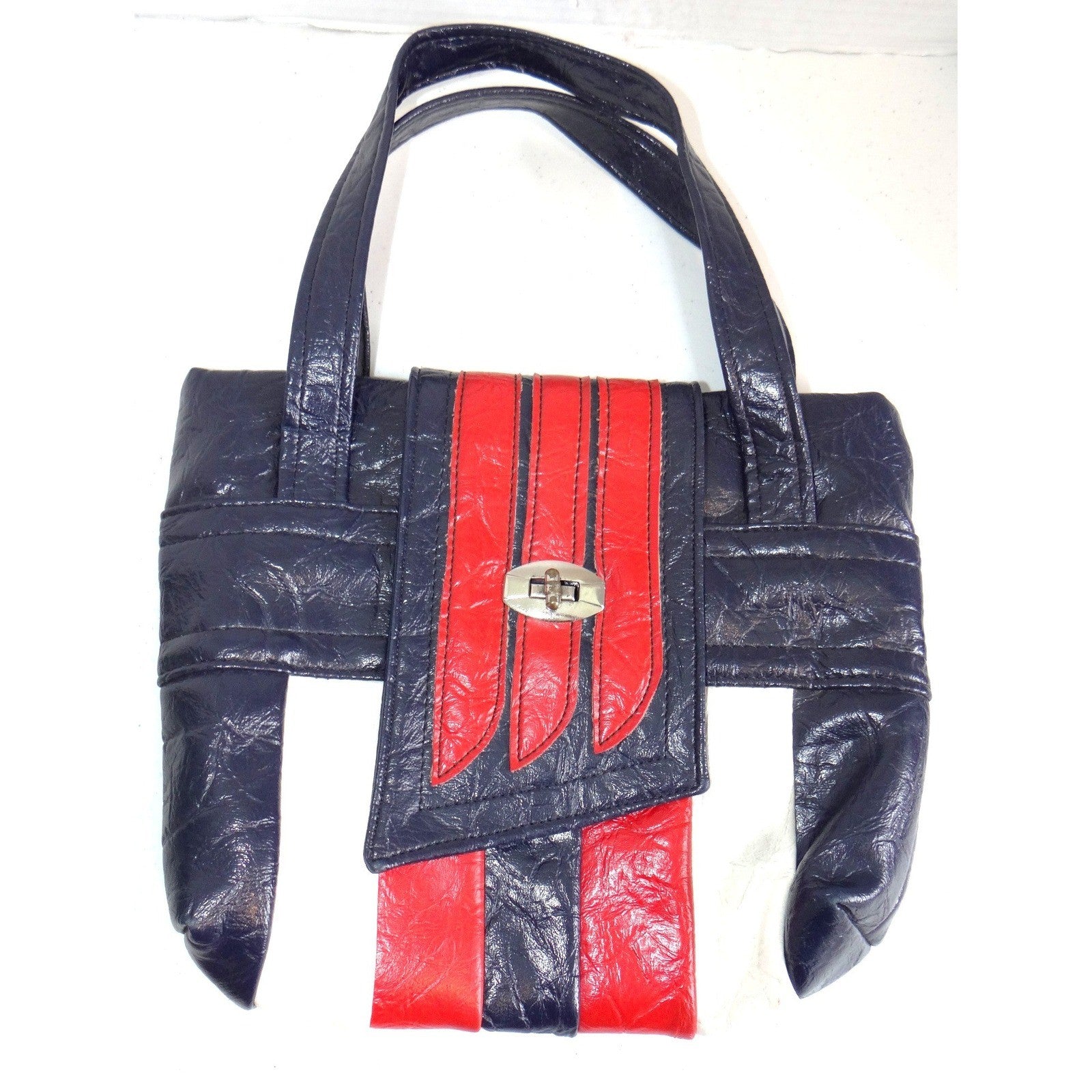 Vintage Style Tricolor Striped Shoulder Bag Navy Red White Turn Lock Tote 2745