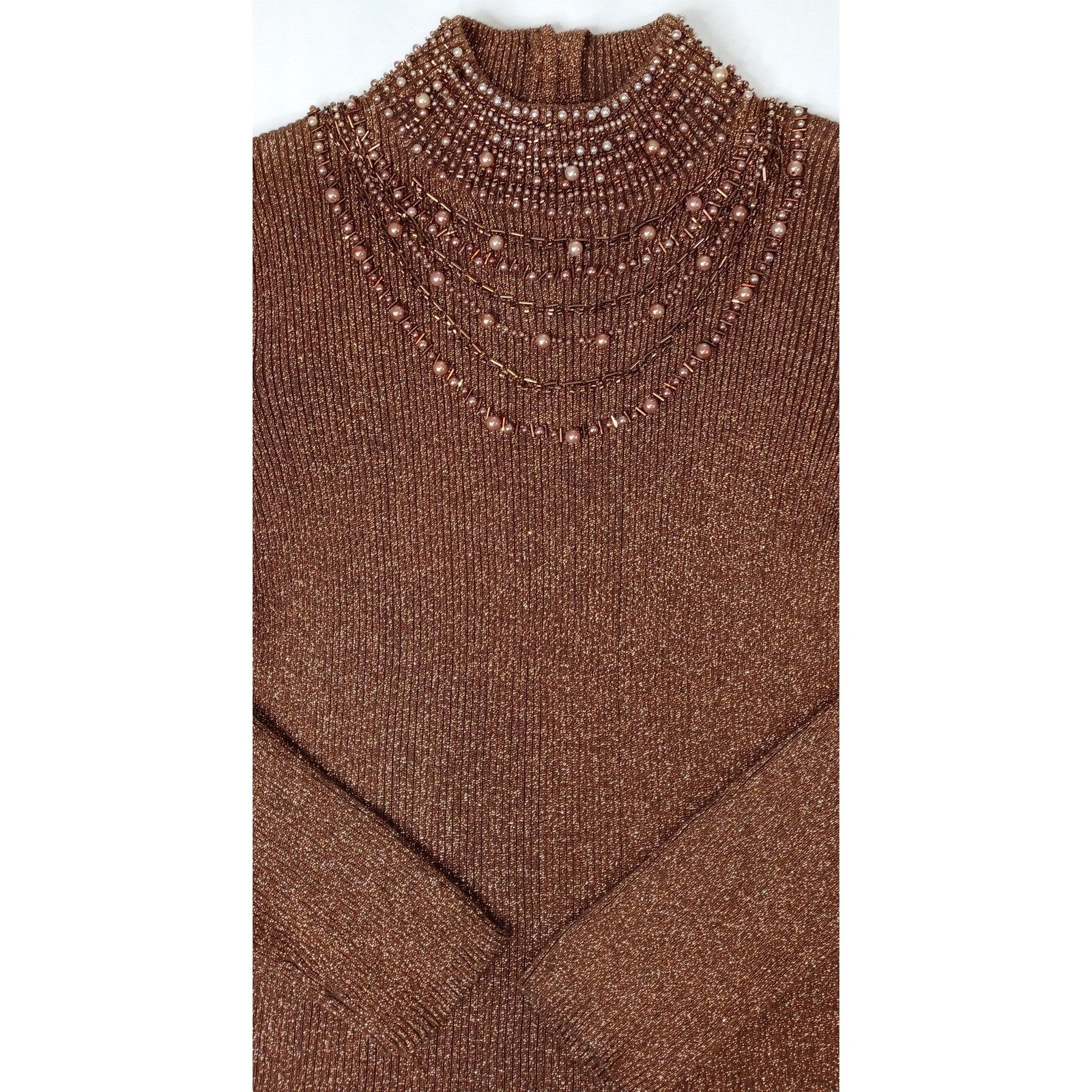 23rd Street Brown Metallic Beaded Mock Neck Long Sleeve Sweater Top Women's Med