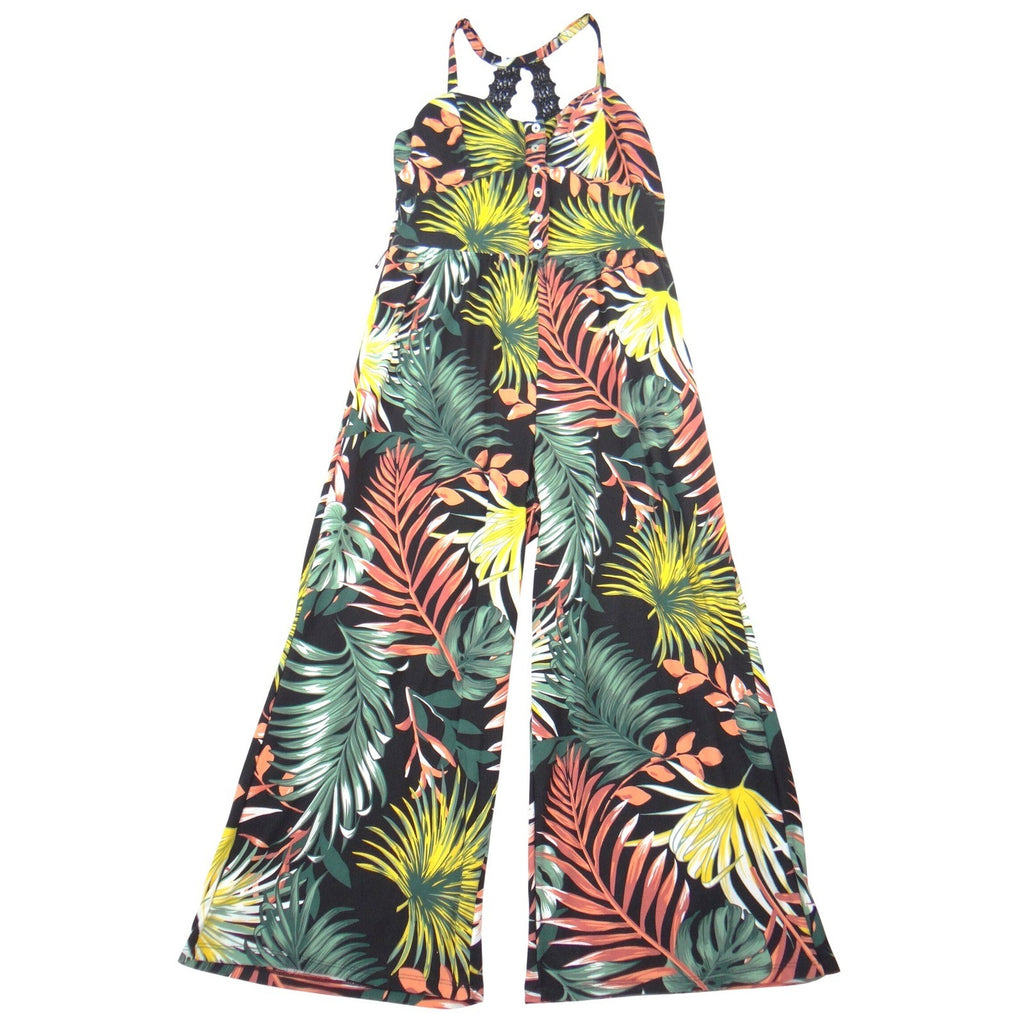 No Boundaries Womens Tropical Palm Print Wide Leg Jumpsuit Black Large 11-13