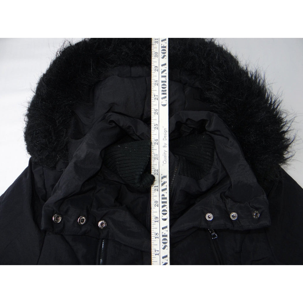 Esprit Black Faux Fur Trim Hooded Belted Winter Jacket Coat Women Size L