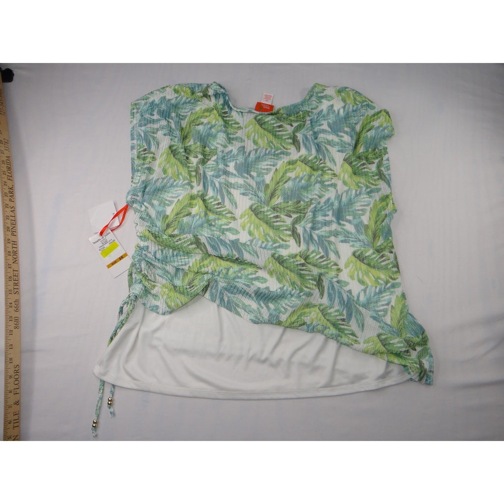 Hearts of Palm Woman 3X Tropical Leaf Print Tunic Top Drawstring Side Accent