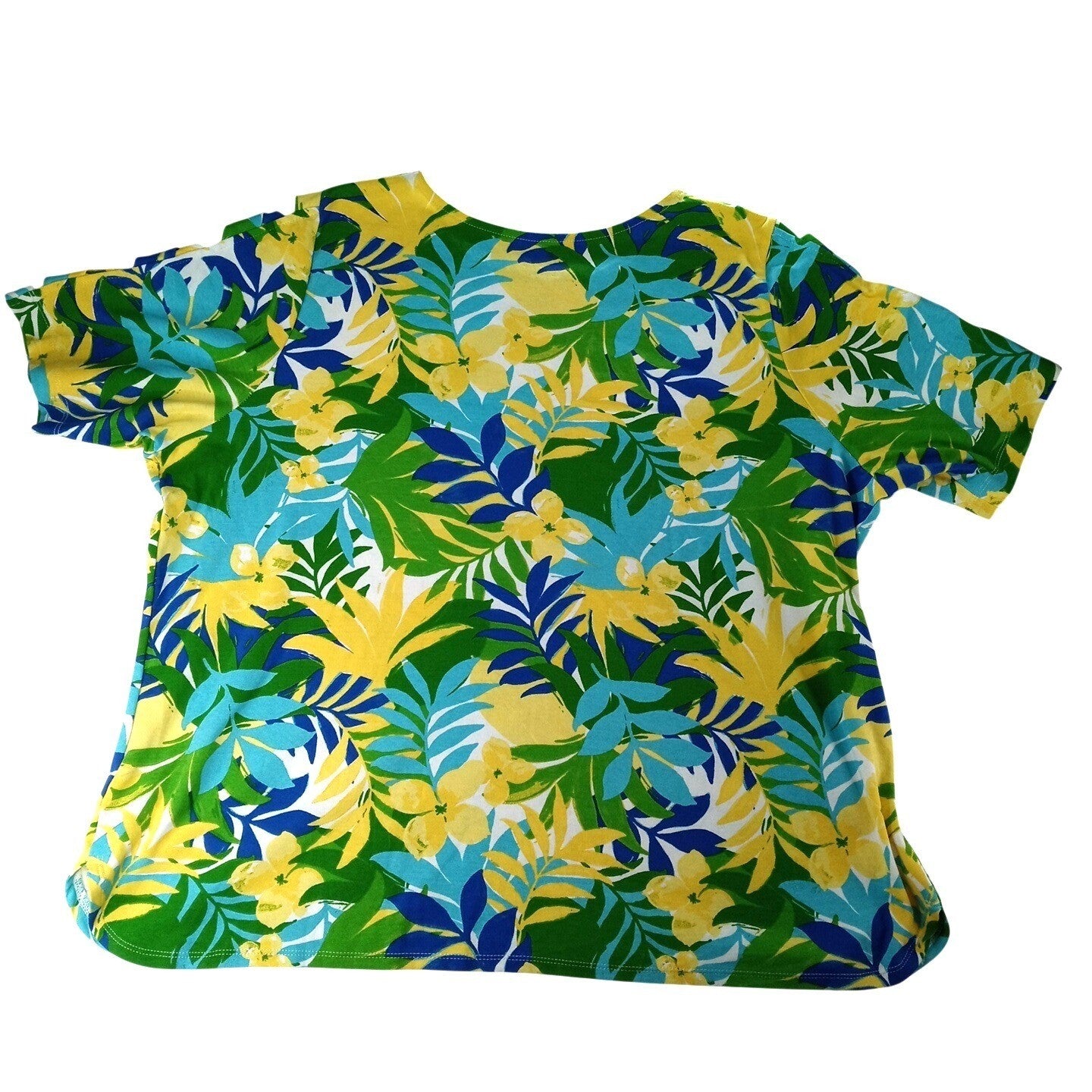 Ruby Rd Womens 3X Tropical Floral Print Short Sleeve Top Shirt Blue Yellow Green